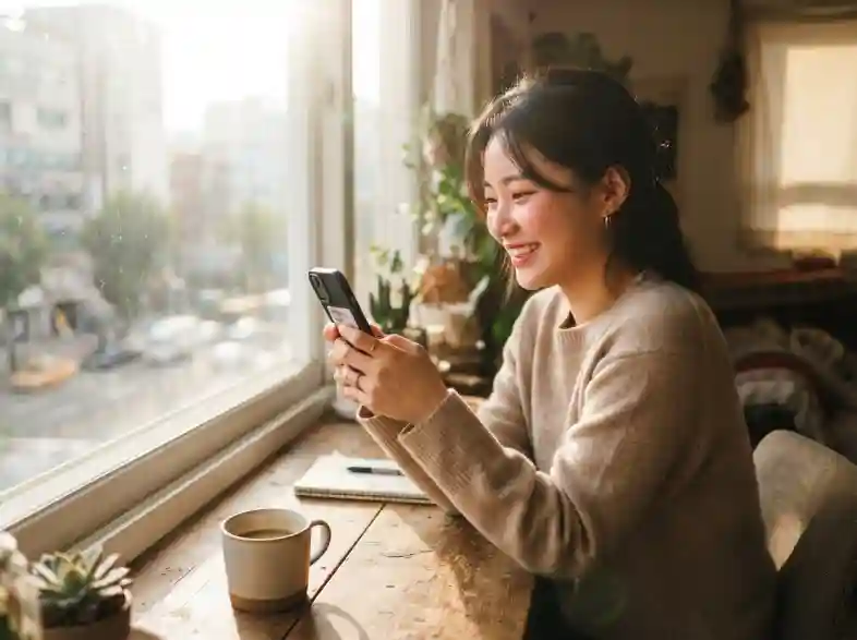 햇살이 들어오는 창가에서 스마트폰으로 최종 승인 알림 메시지를 확인하며 미소짓는 모습