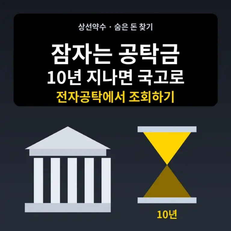 휴면 공탁금 찾기 안내 이미지로 법원 건물과 10년 소멸시효를 뜻하는 모래시계