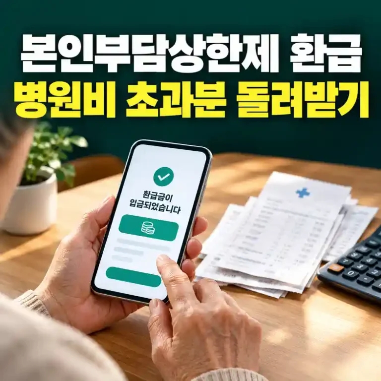 본인부담상한제 환급금 안내를 휴대폰으로 확인하며 병원비 영수증을 정리하는 어르신
