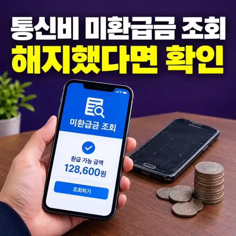 통신비 미환급금 조회를 위해 스마트폰으로 해지한 휴대폰과 인터넷 요금 환급액을 확인하는 모습